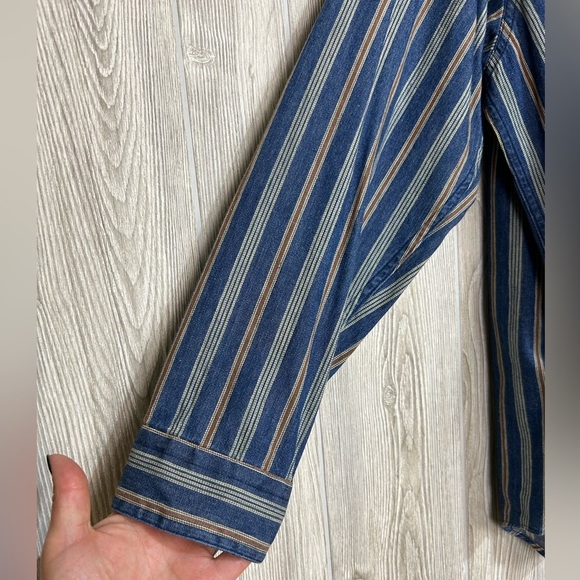 90s Mens Pinstriped Long Sleeve Denim Shirt Band Collar Hunt Club Size XL - Picture 5 of 15